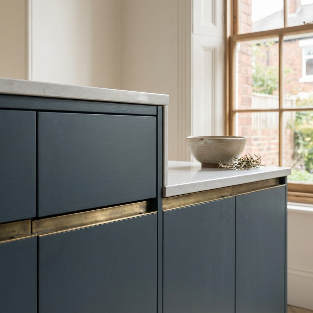 matte blue cupboards with brass handles and pale stone worktop