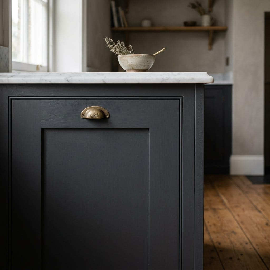 Dark blue panelled unit with brass handle and marble worktop