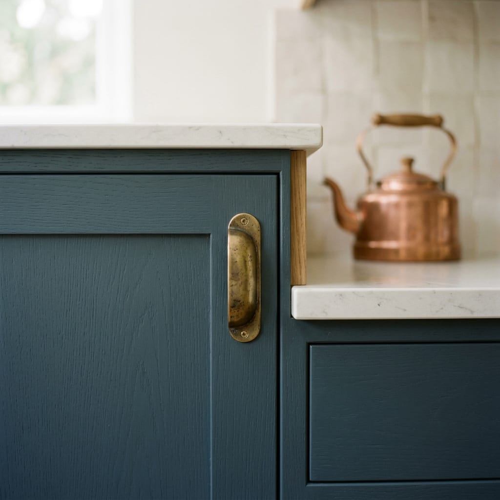 blue wood cupboard with brass handle and white marble worktop