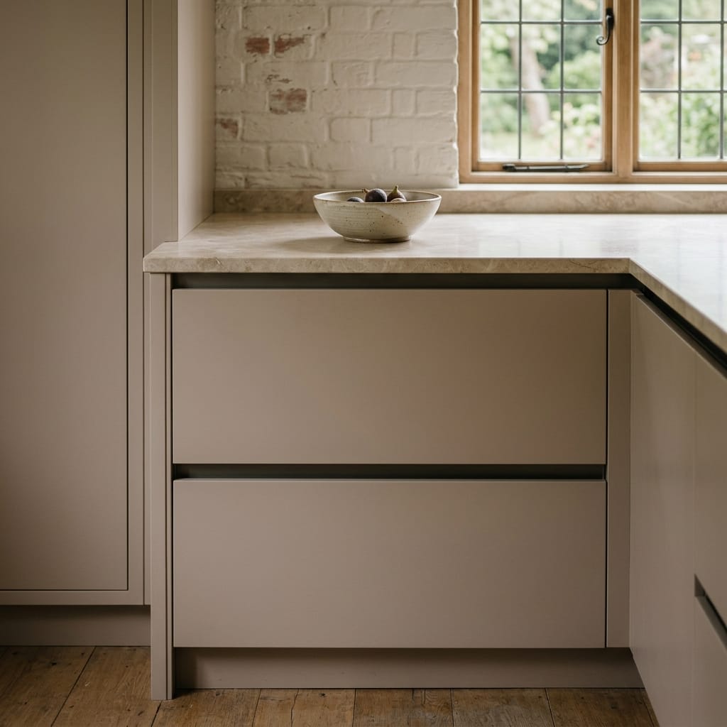 Matte taupe drawers with stone worktop beneath a leaded window