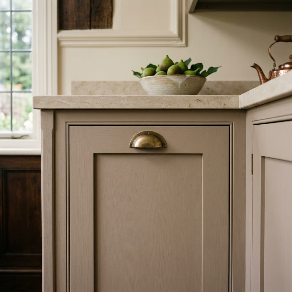 matte taupe cupboard with brass cup handle and marble worktop