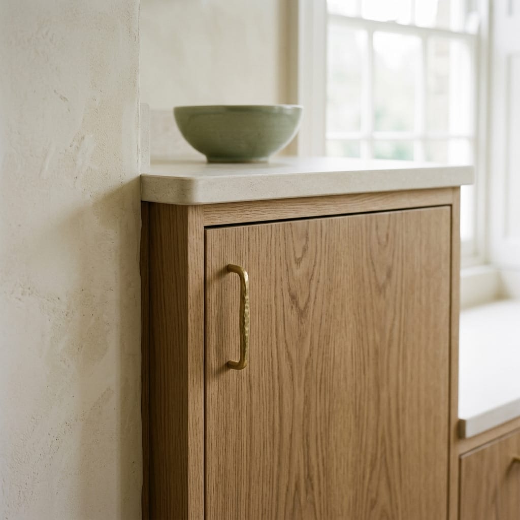 light wood cupboard with gold handle and pale worktop