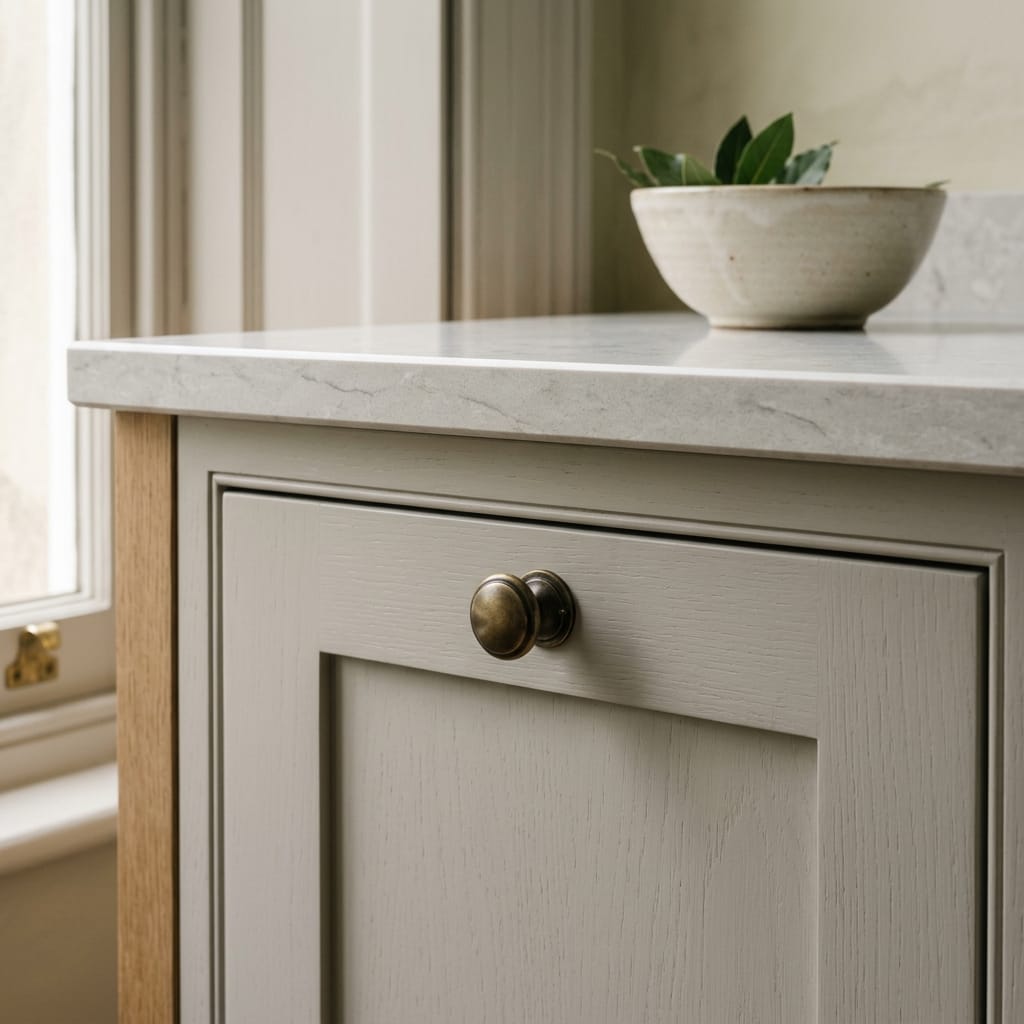 Shaker style panel door with brass knob and marble effect worktop