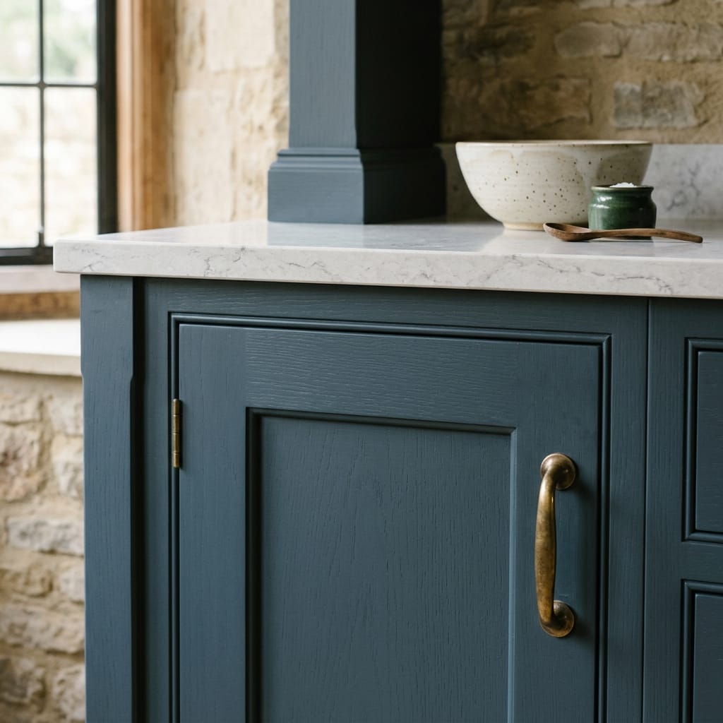 Blue wood panel door with brass handle and marble worktop