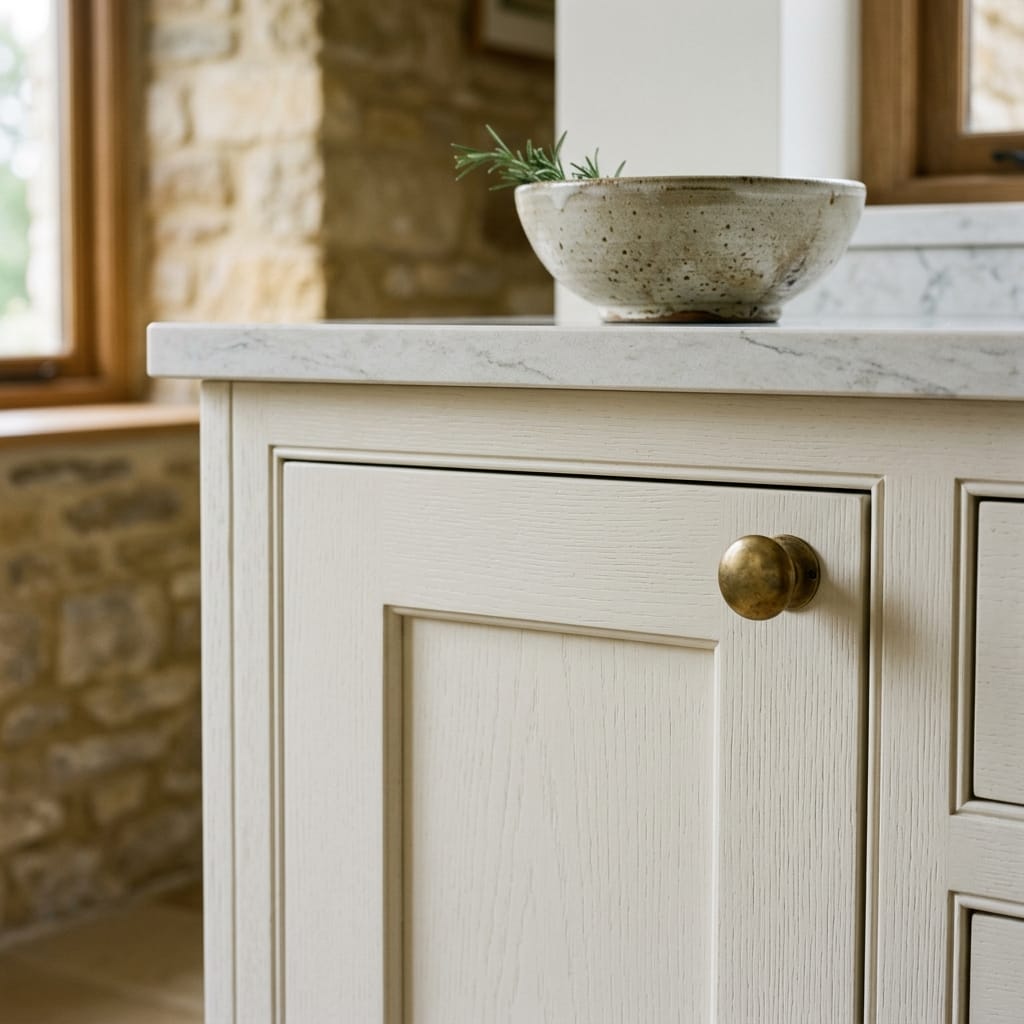 cream panelled cupboard with brass knob and marble worktop