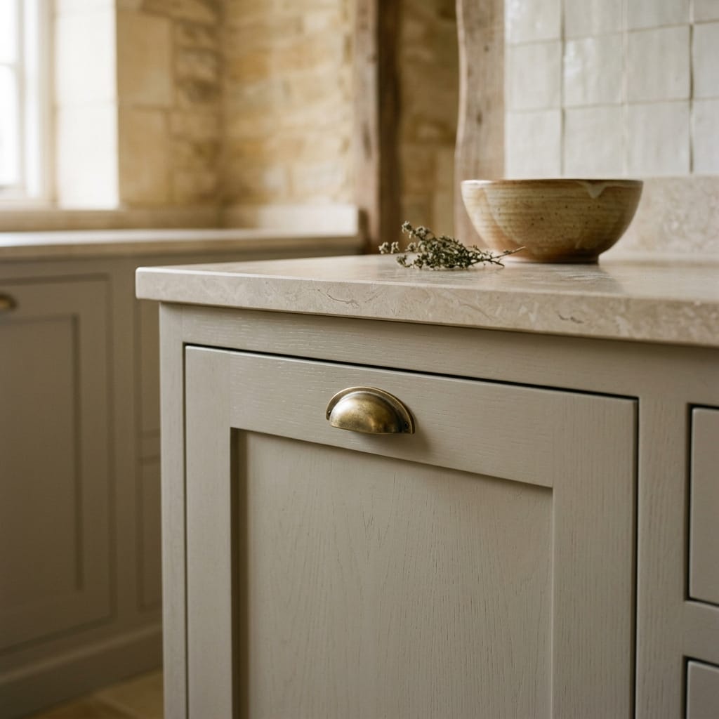 light wood kitchen unit with brass cup handle and stone worktop