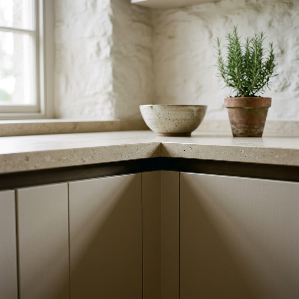 light stone worktop with potted rosemary and ceramic bowl on corner