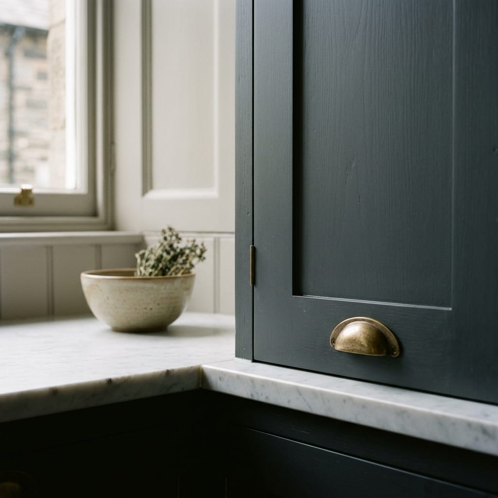 Dark blue shaker cupboard with brass handle and marble worktop
