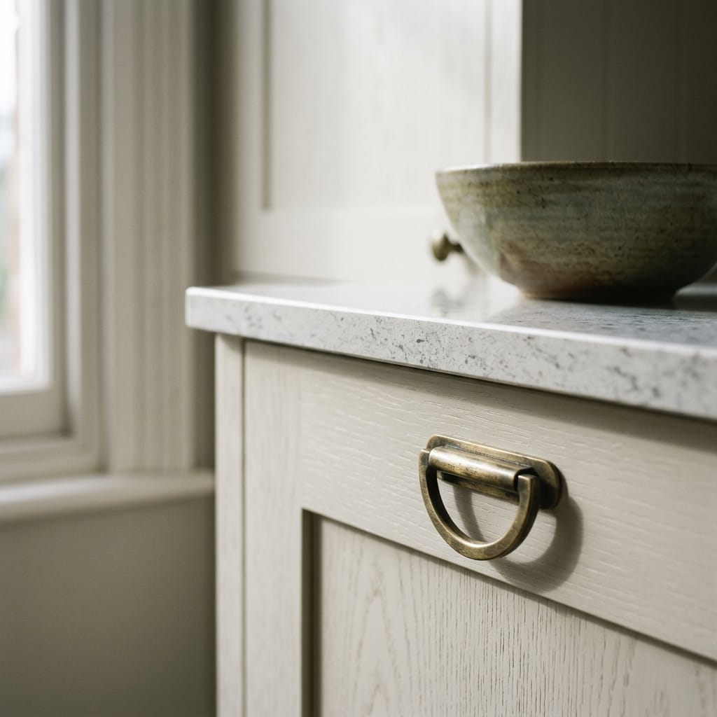 light wood cupboard with brass handle and speckled white worktop
