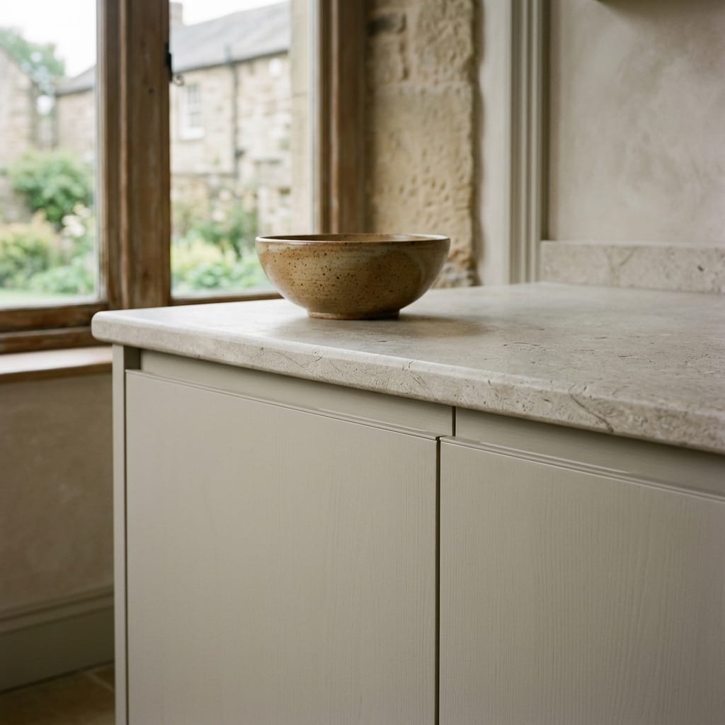 light stone worktop with ceramic bowl beside large window