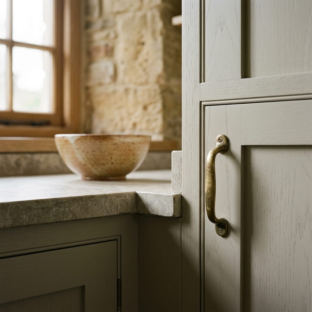 Light wood Mastercraft kitchen with brass handle and stone effect worktop