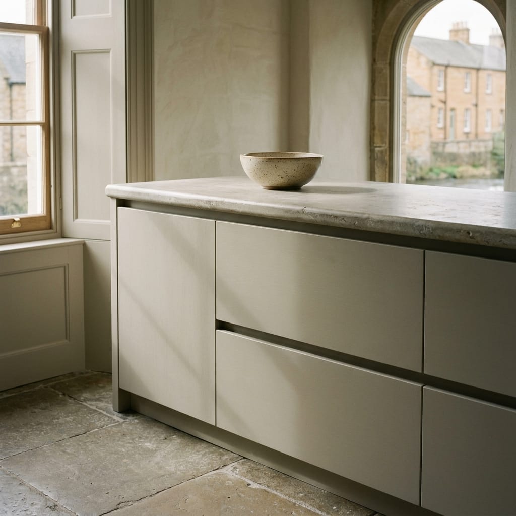 Stone worktop with smooth drawers and a ceramic bowl in soft light