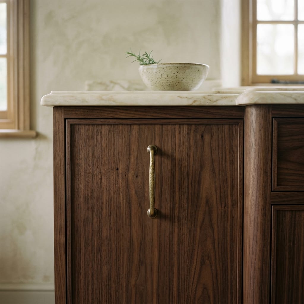square3_800x800-61 dark wood cupboard with brass handle and marble worktop