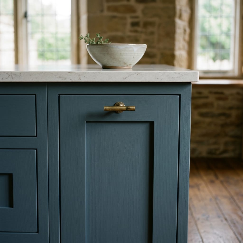 blue panelled drawer with brass handle and marble worktop