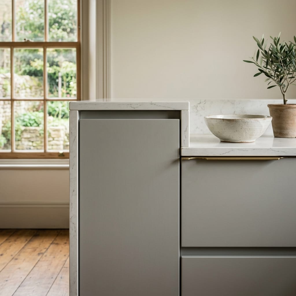 square3_800x800-64 matte grey units with white marble worktop and potted plant