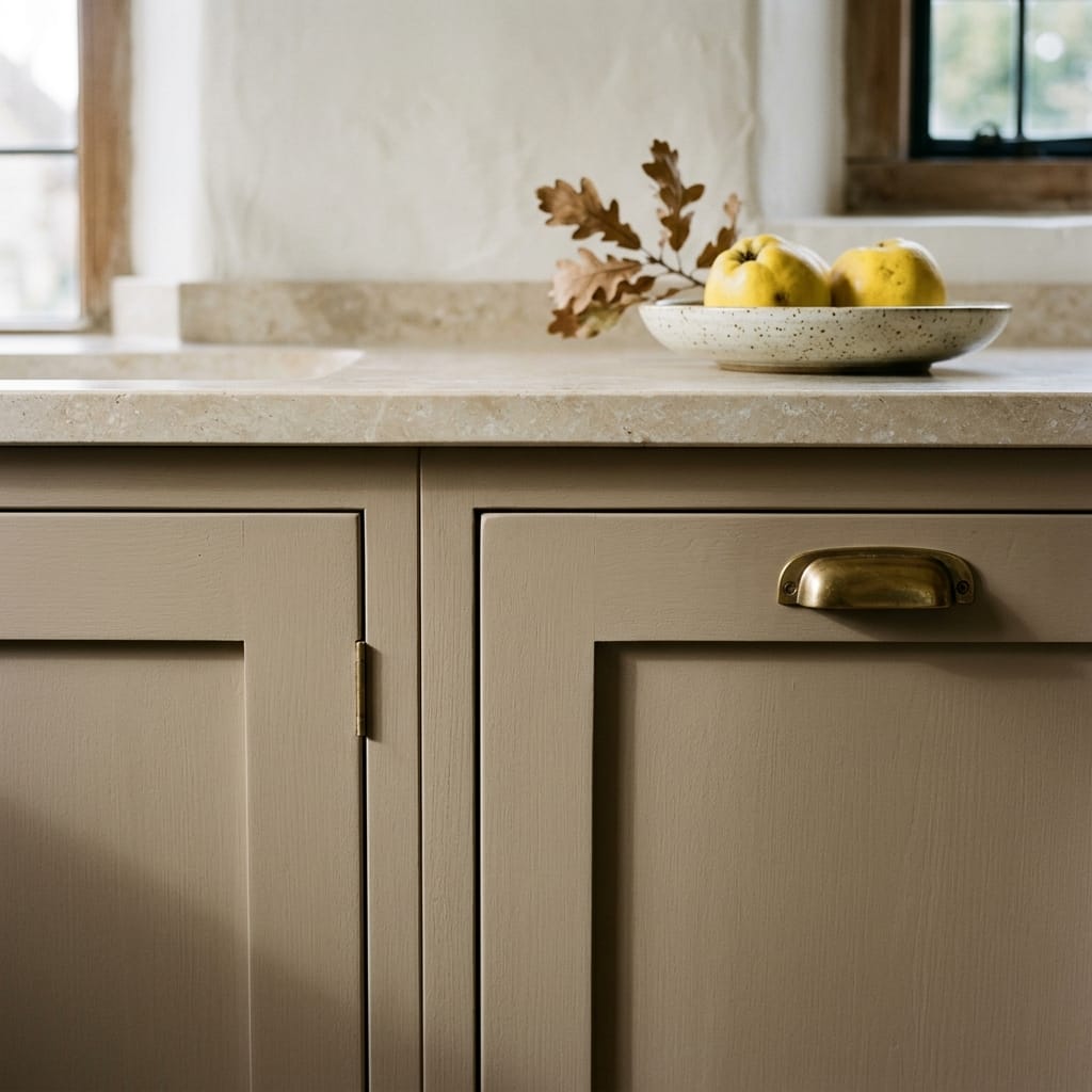 square3_800x800-66 matte taupe cupboards with brass handle and speckled bowl of apples