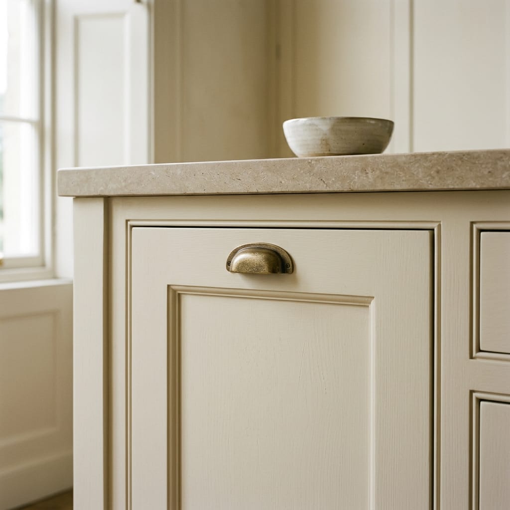cream panelled drawer with brass cup handle and stone worktop