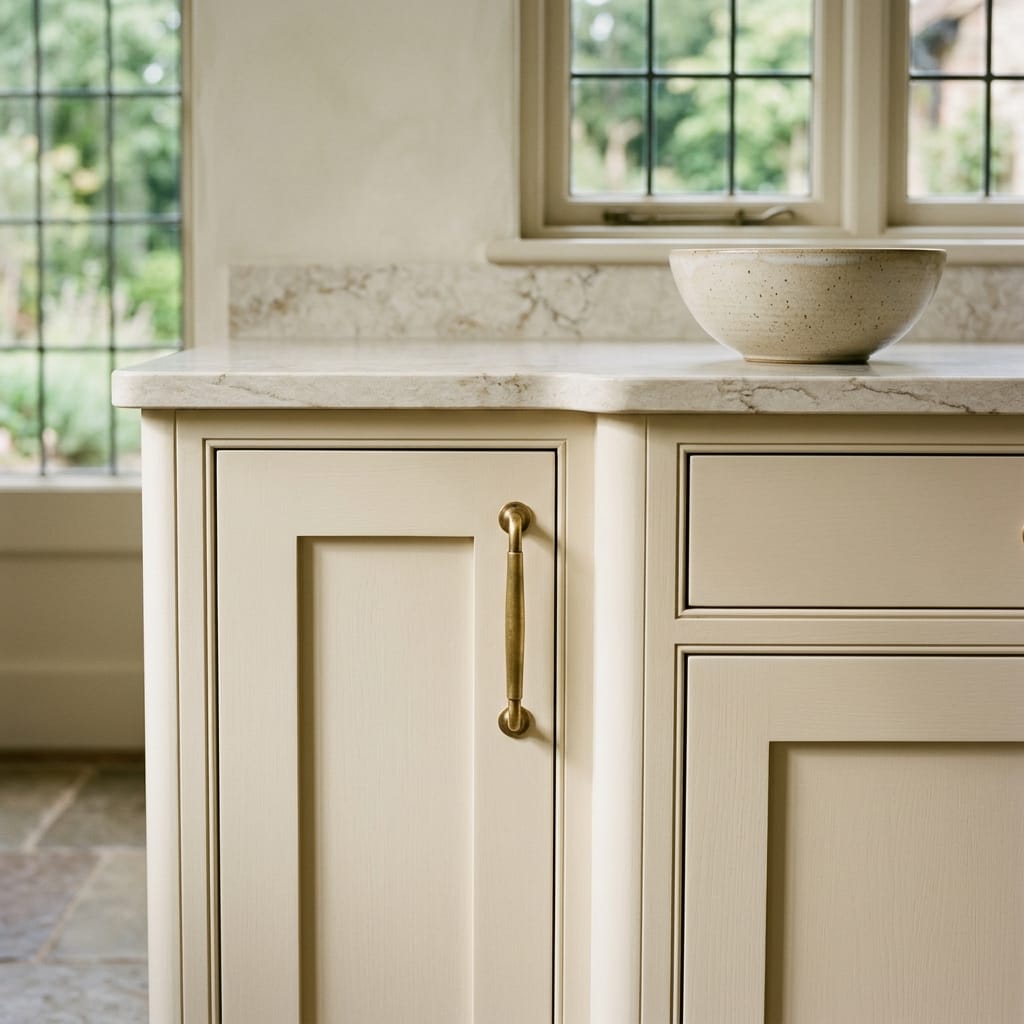 cream panelled cupboard with brass handle and marble worktop
