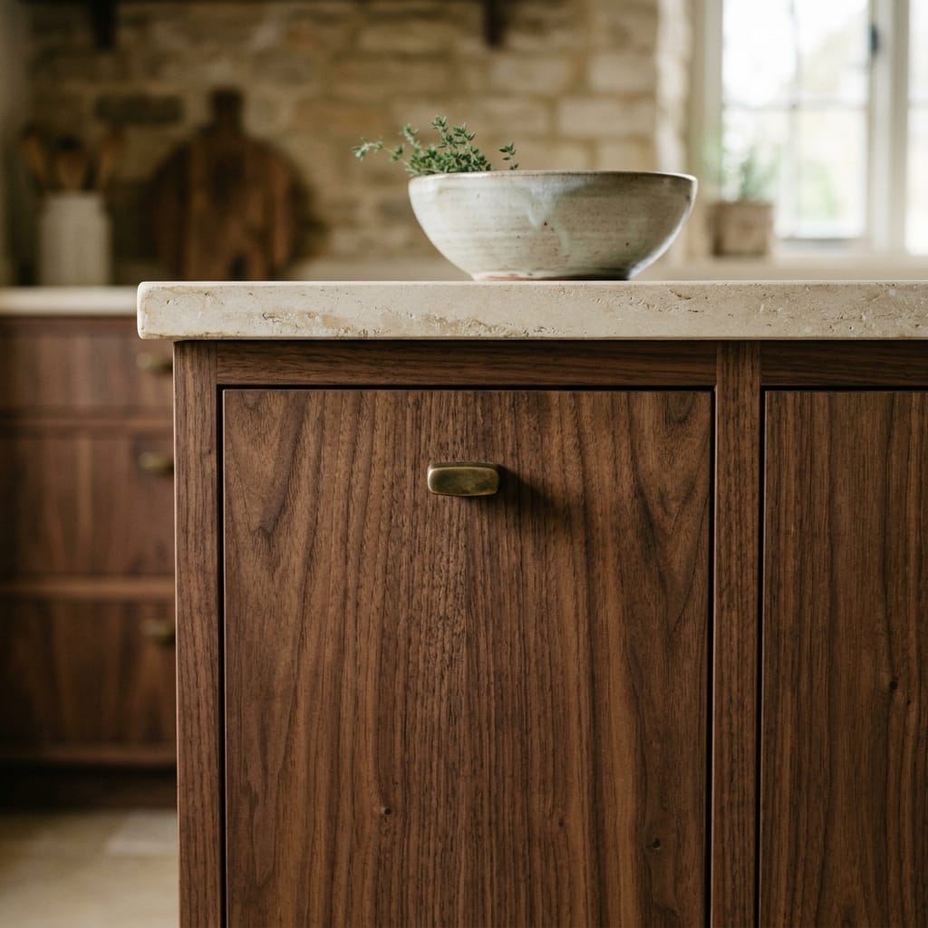 walnut wood cupboard with brass handle and stone countertop