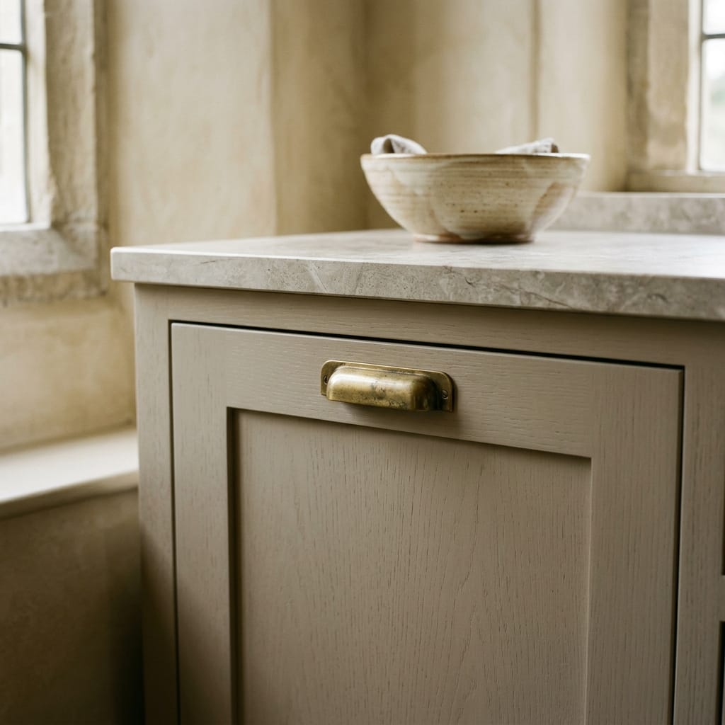 Light wood cupboard with brass handle and stone worktop