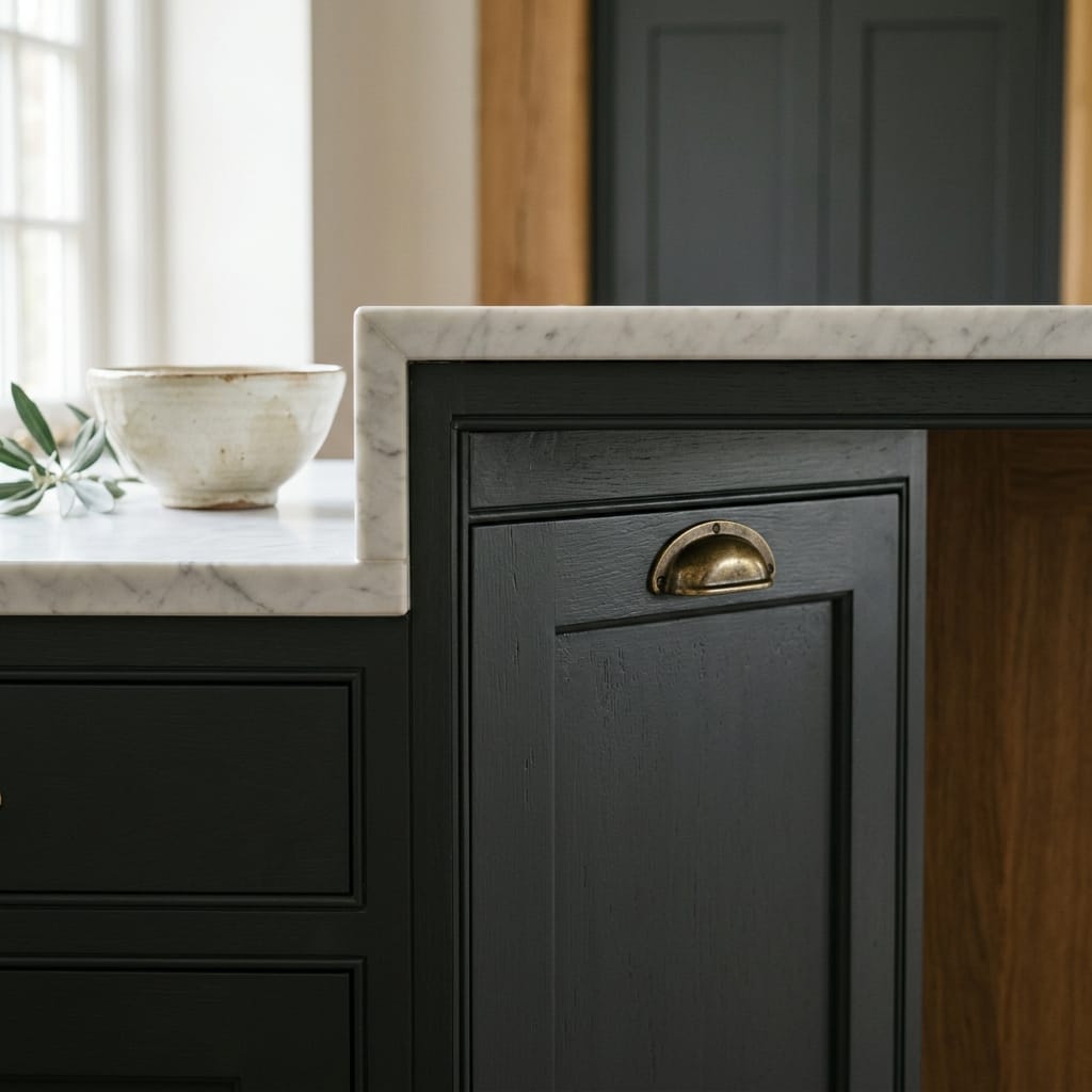 square3_800x800-81 dark wood panelled unit with white marble worktop and brass cup handle