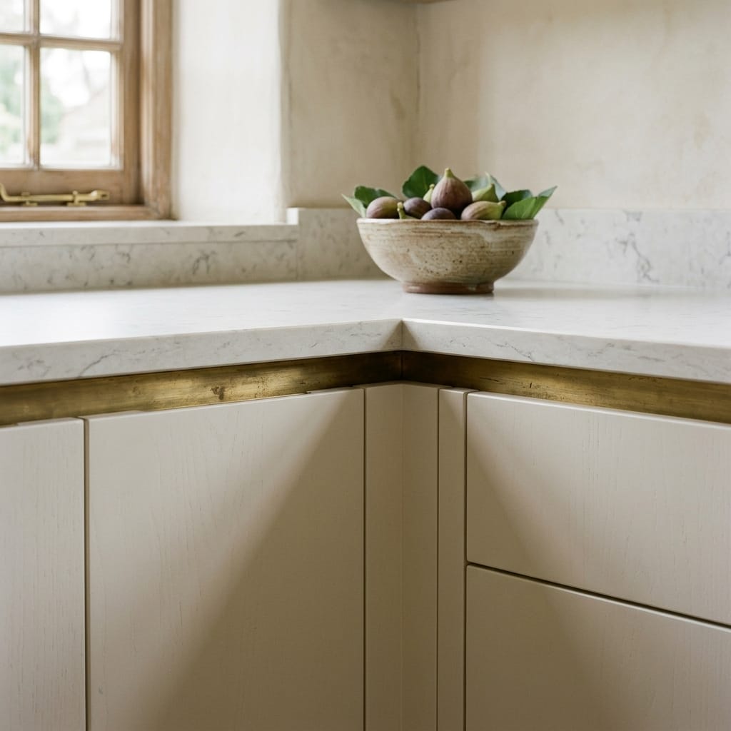 cream cupboards with brass trim and marble worktop, ceramic bowl of figs