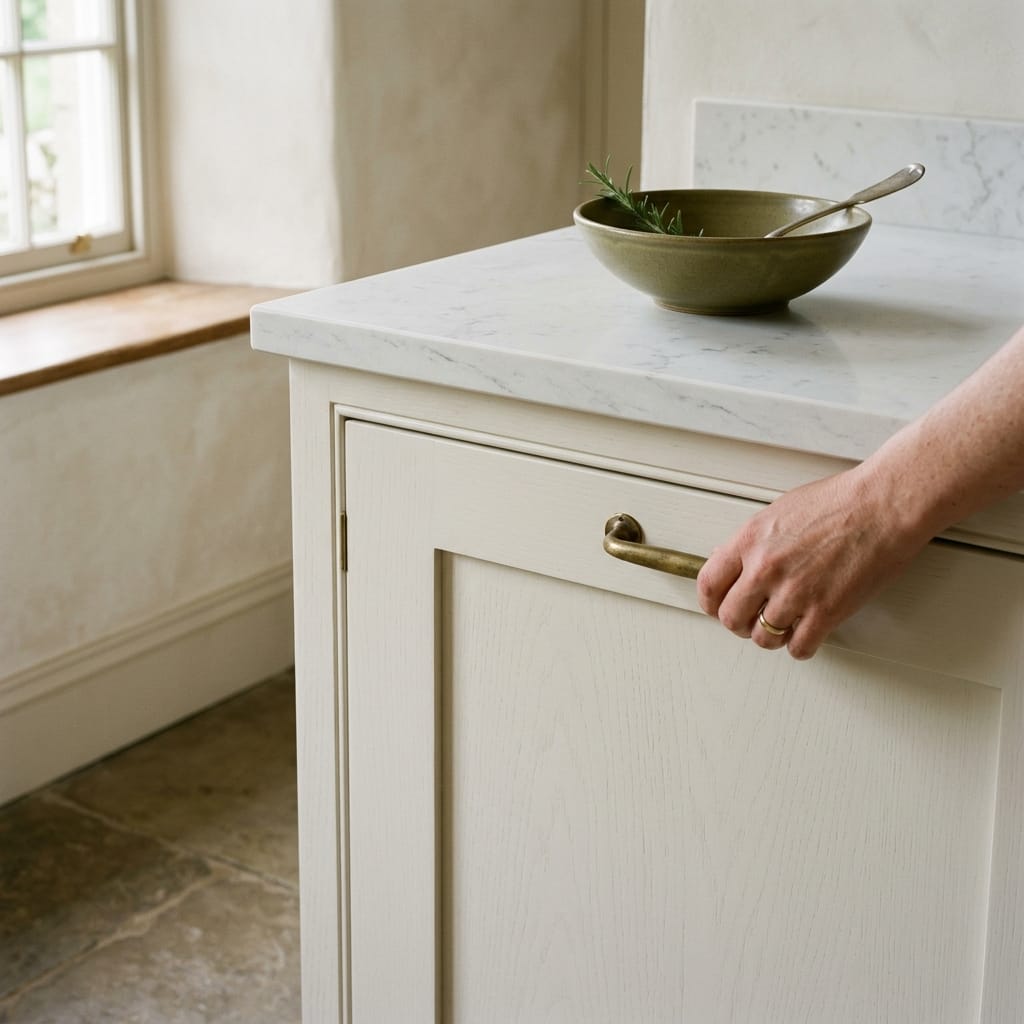 cream panelled cupboard with brass handle and marble worktop