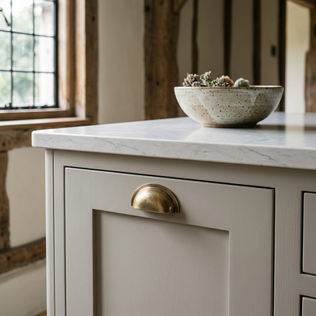 light grey panelled drawer with brass cup handle and marble worktop