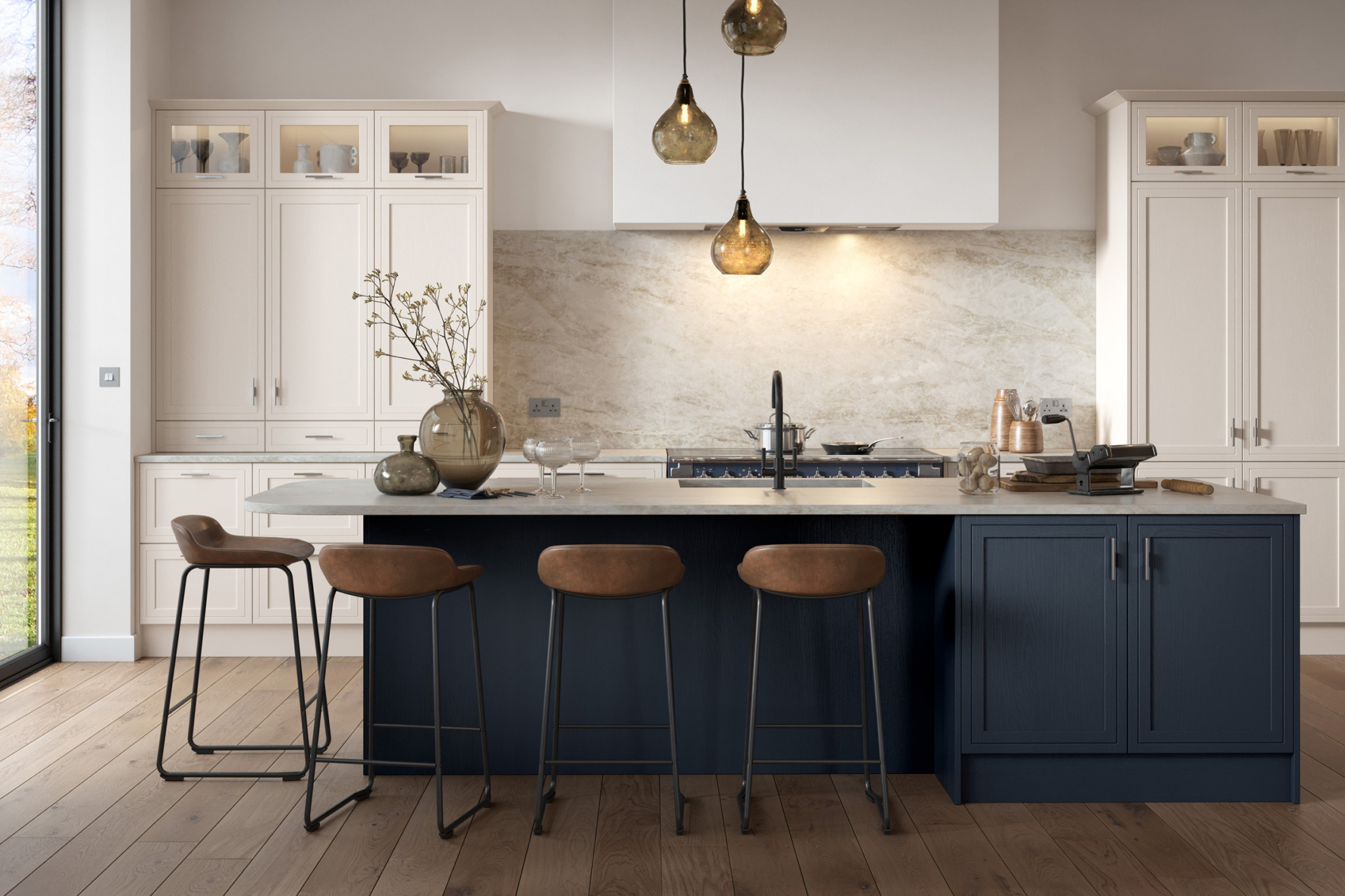Arrington-Shell-and-Slate-Blue_Cameo-1 Two-tone shaker kitchen with a navy island, off-white cabinets, stone worktops and amber glass pendant lights