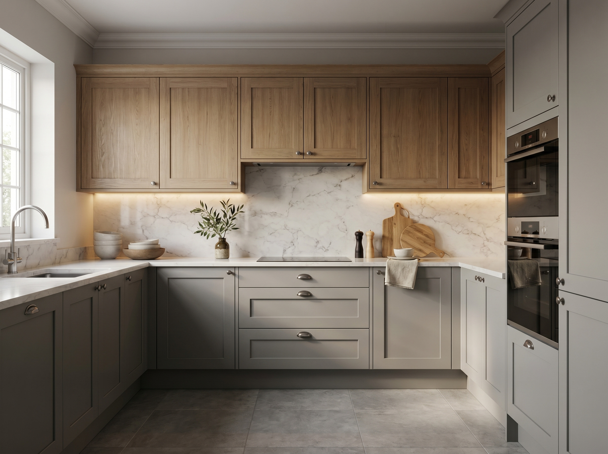 Mastercraft Kitchen Installations U-shaped kitchen with grey shaker base units, wood wall units, and a white marble-effect worktop and backsplash