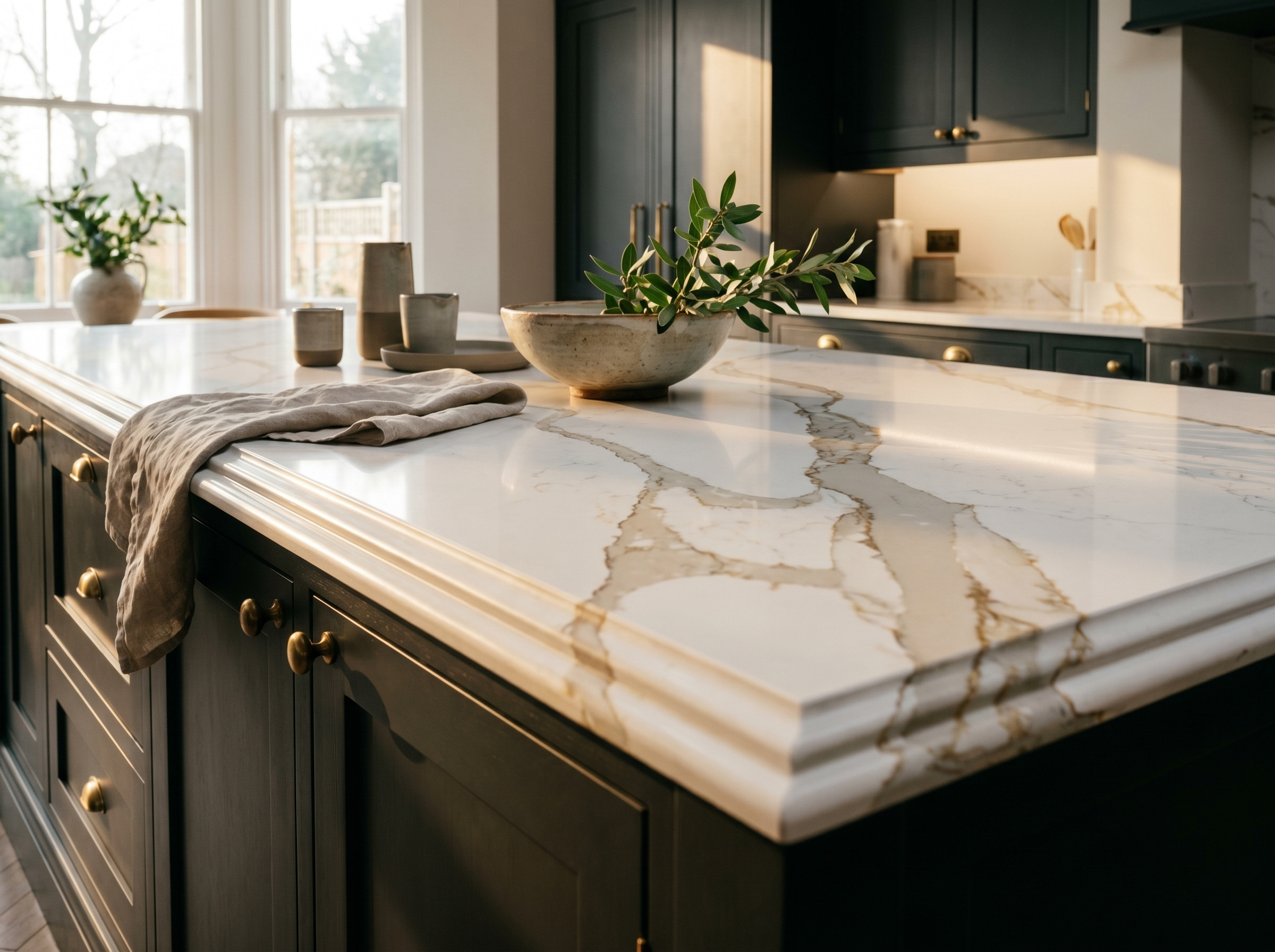 Dark panelled kitchen island with a white marble-effect worktop featuring bold gold veining and brass knobs