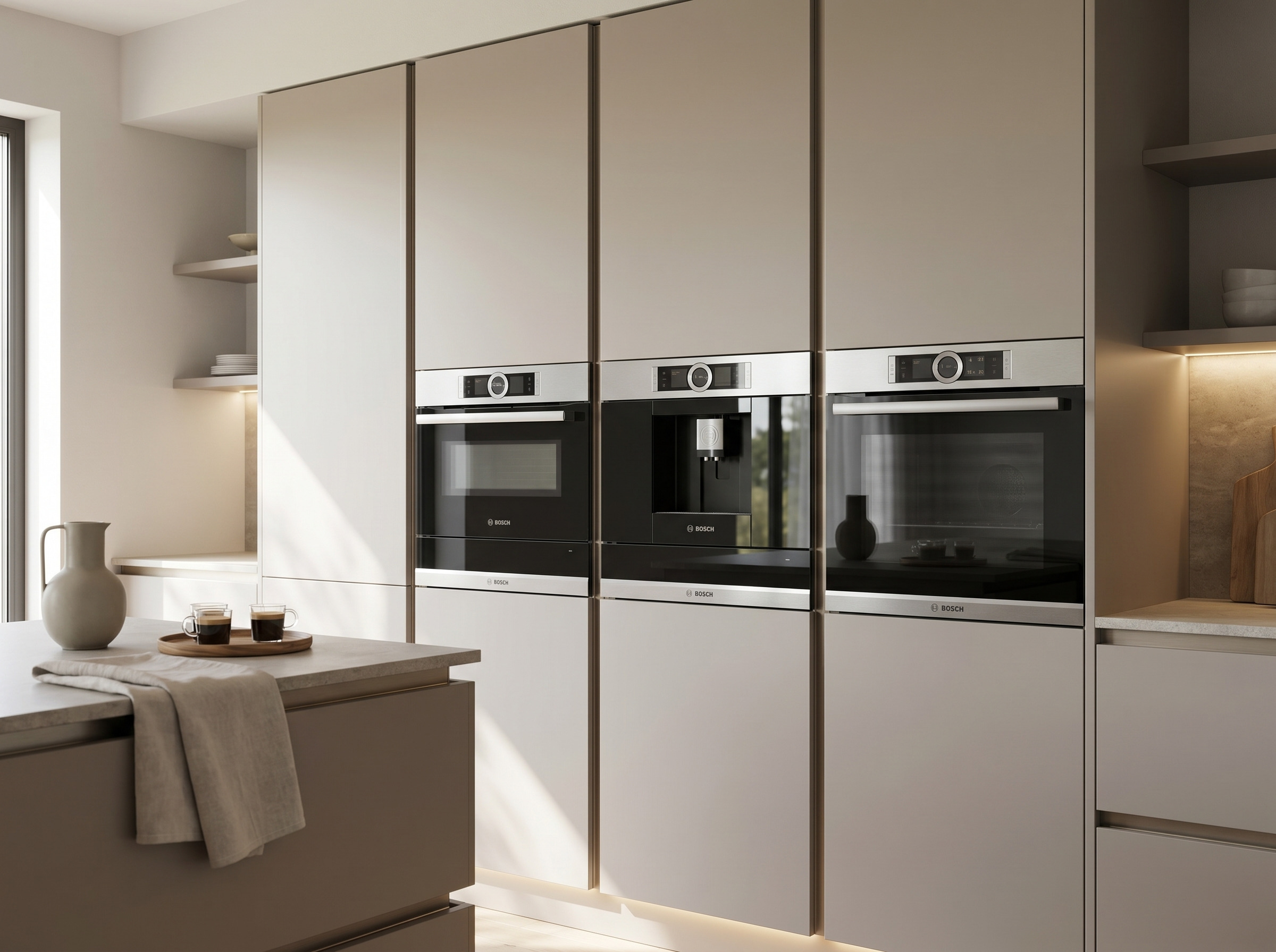 bosch appliances offer Light grey kitchen with flat-panel handle-less doors, a bank of integrated appliances and a coordinating kitchen island
