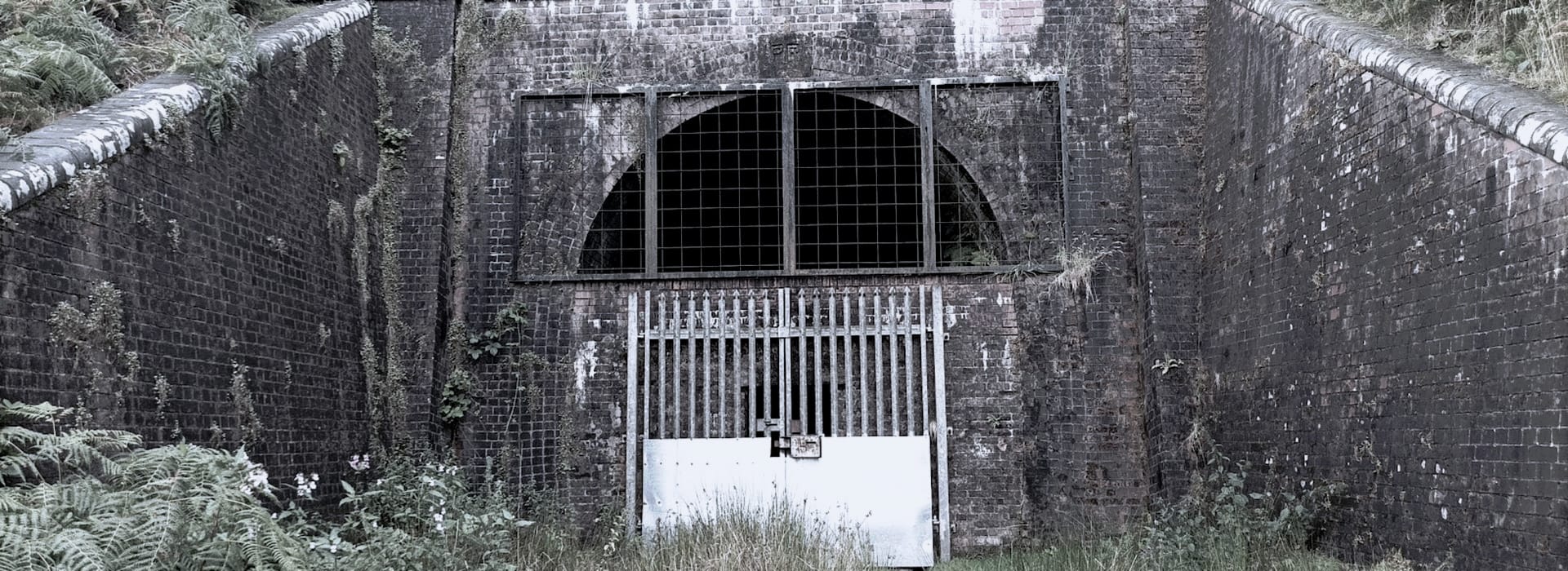 arched brick tunnel entrance with metal gate and overgrown vegetation
