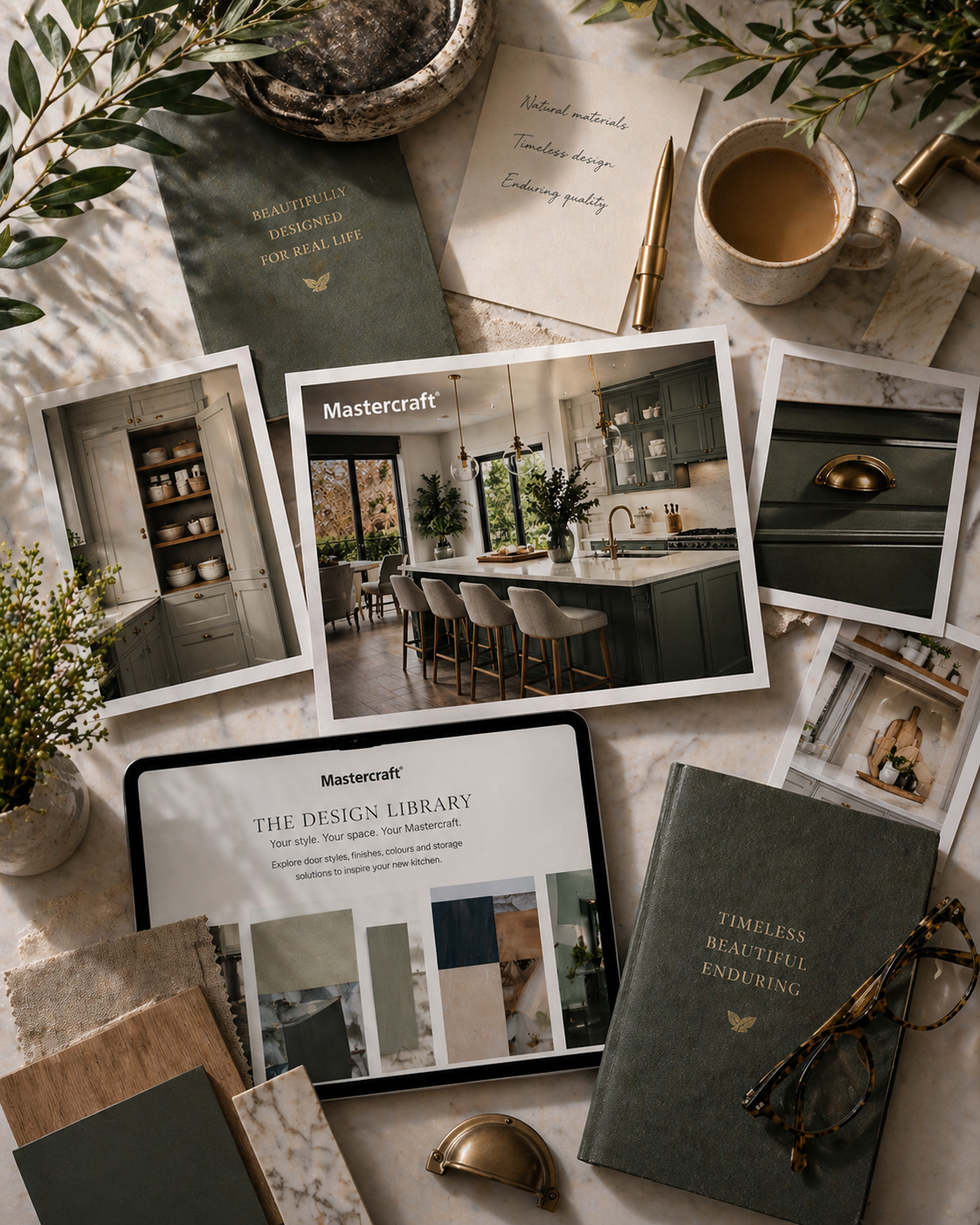 A flat lay of green shaker kitchen photos, material samples, and notebooks on a marble surface