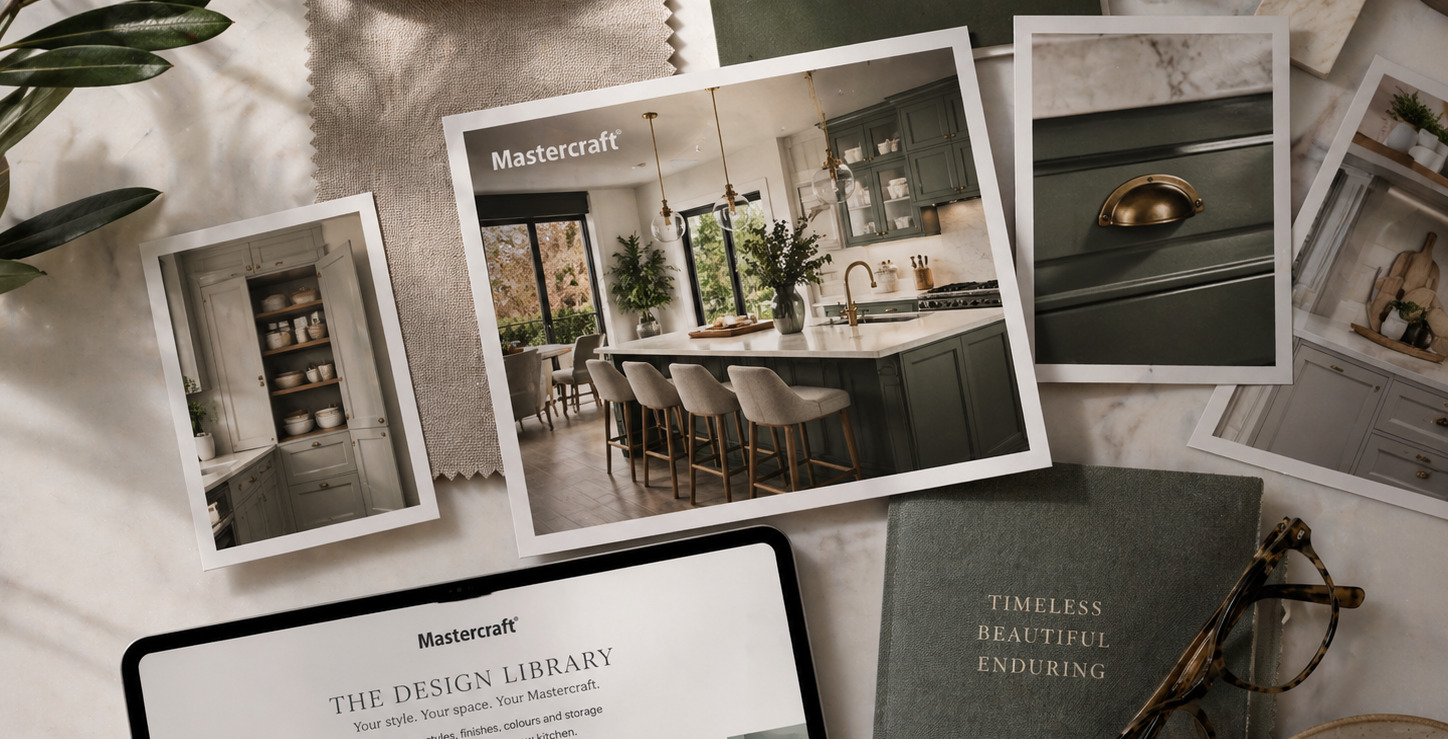 design library cropped Dark green shaker-style kitchen with a large island, marble-effect worktop, wooden flooring and brass handles