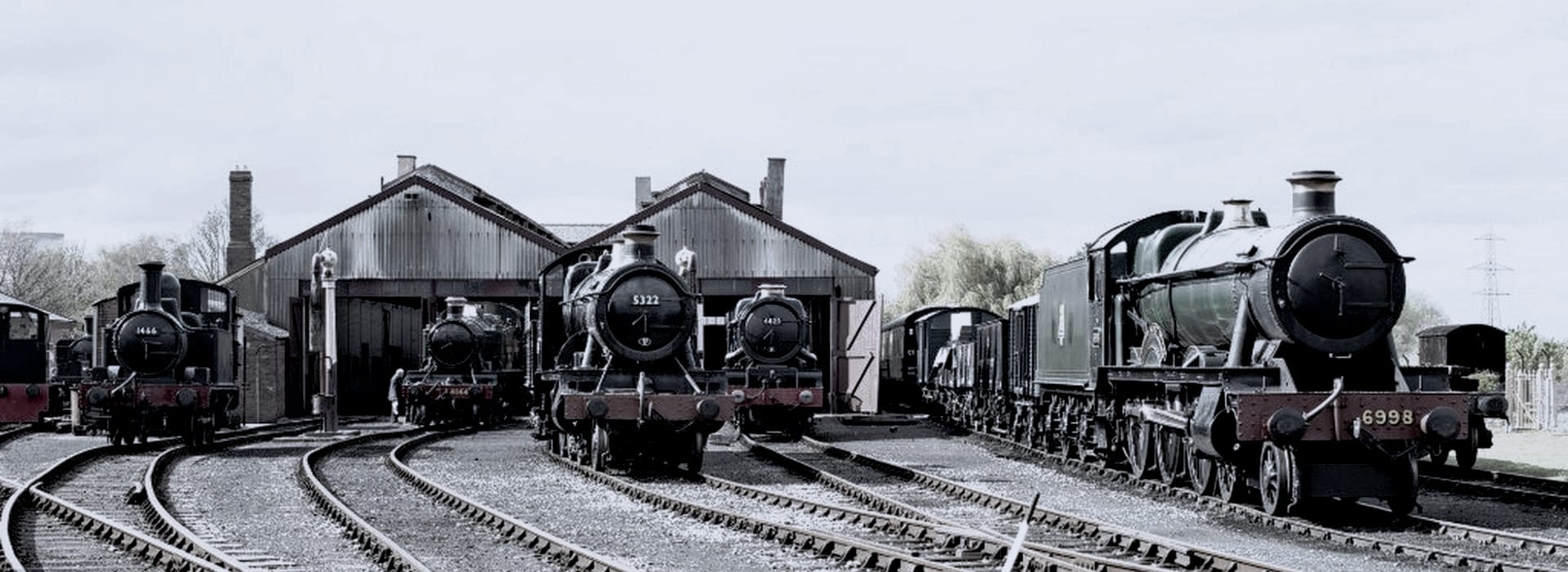 row of vintage steam locomotives on railway tracks outside metal engine shed