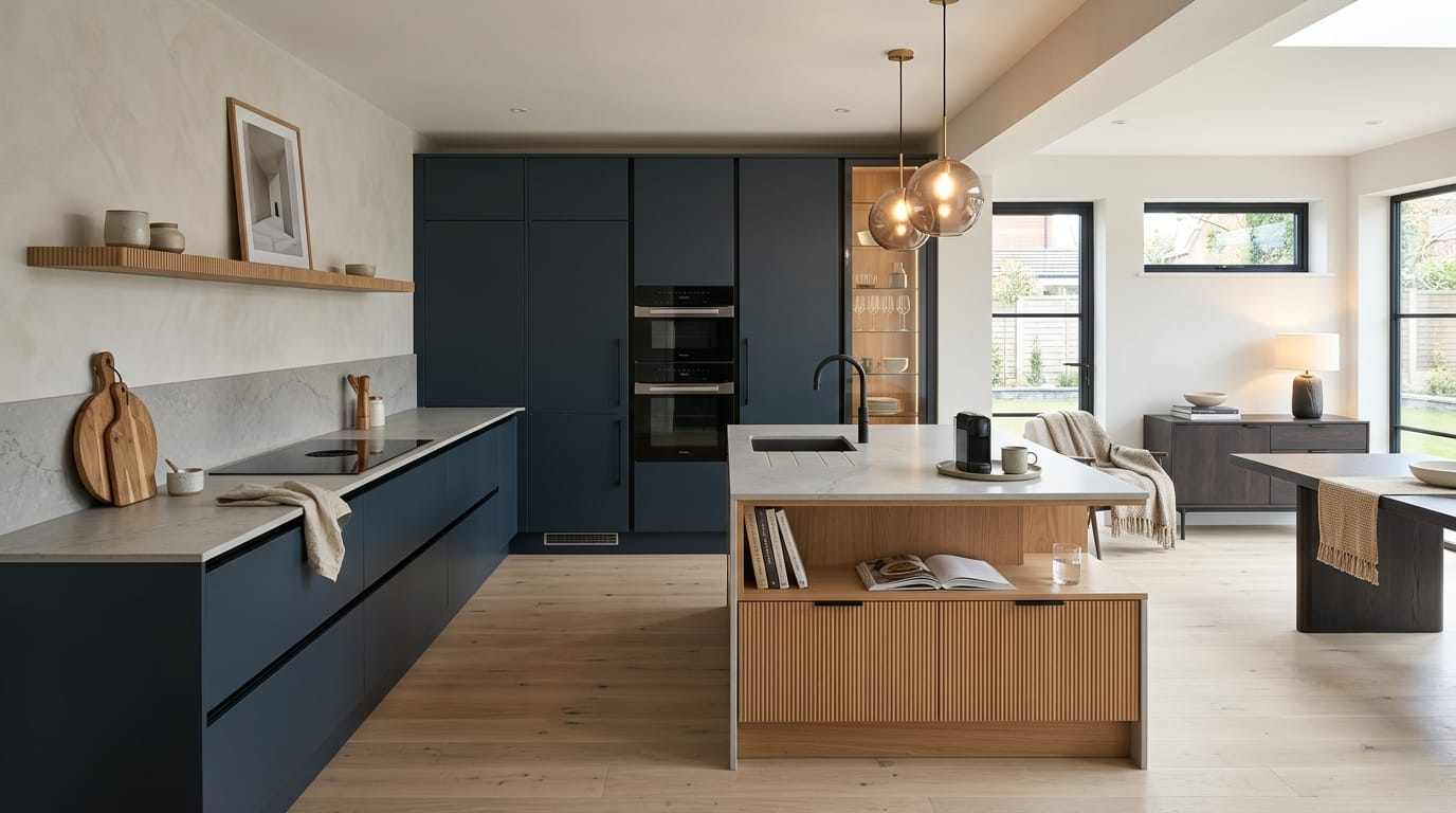 hero2_1200x675-101 Mastercraft bespoke kitchen in Poulton-le-Fylde, wide architectural view showing room volume and design quality