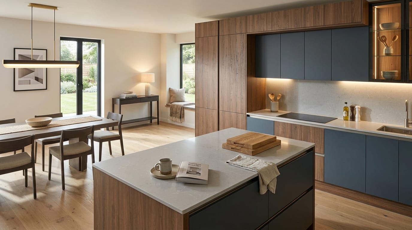 hero2_1200x675-102 Mastercraft bespoke kitchen in Preston, wide architectural view showing room volume and design quality