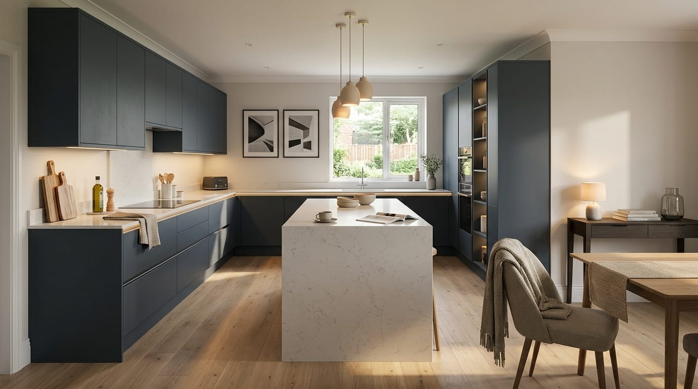 hero2_1200x675-103 Mastercraft bespoke kitchen in Rawtenstall, wide architectural view showing room volume and design quality