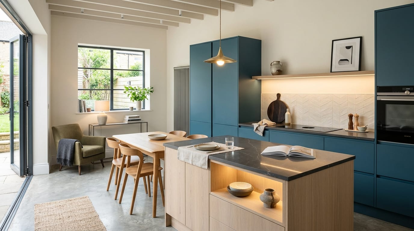 hero2_1200x675-104 Mastercraft bespoke kitchen in Rishton, wide architectural view showing room volume and design quality