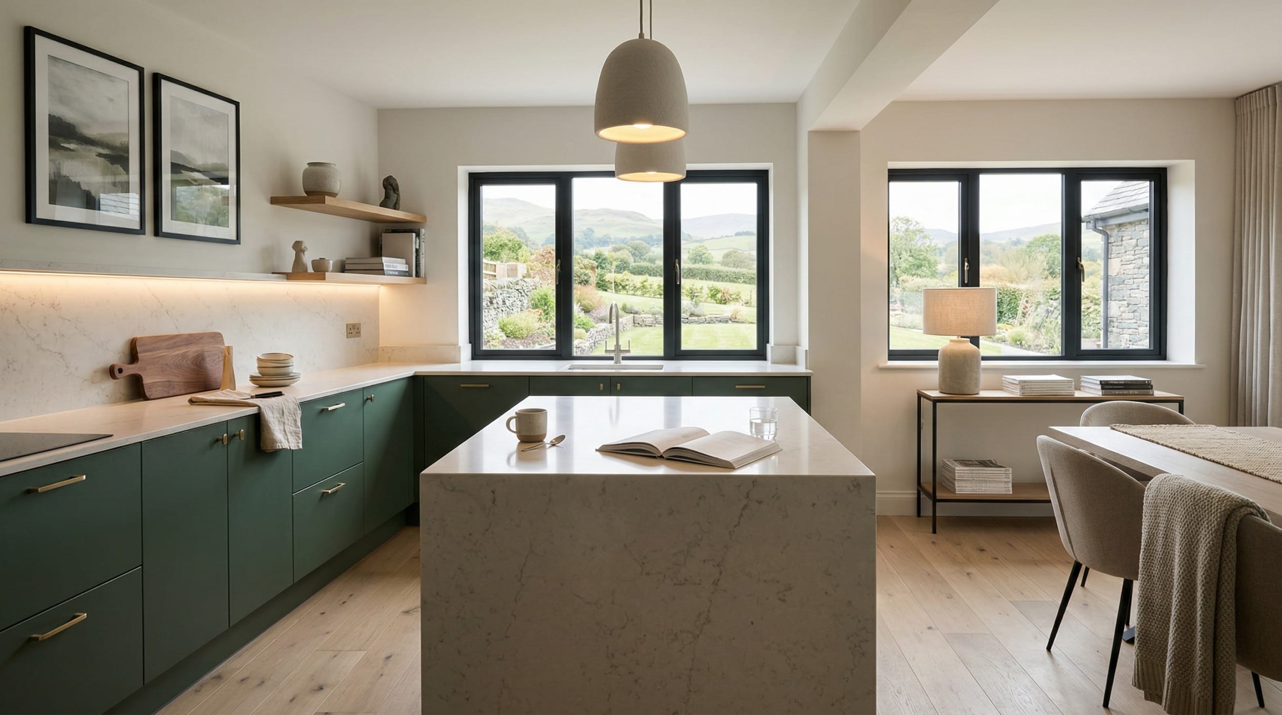 hero2_1200x675-108 Mastercraft bespoke kitchen in Ulverston, wide architectural view showing room volume and design quality