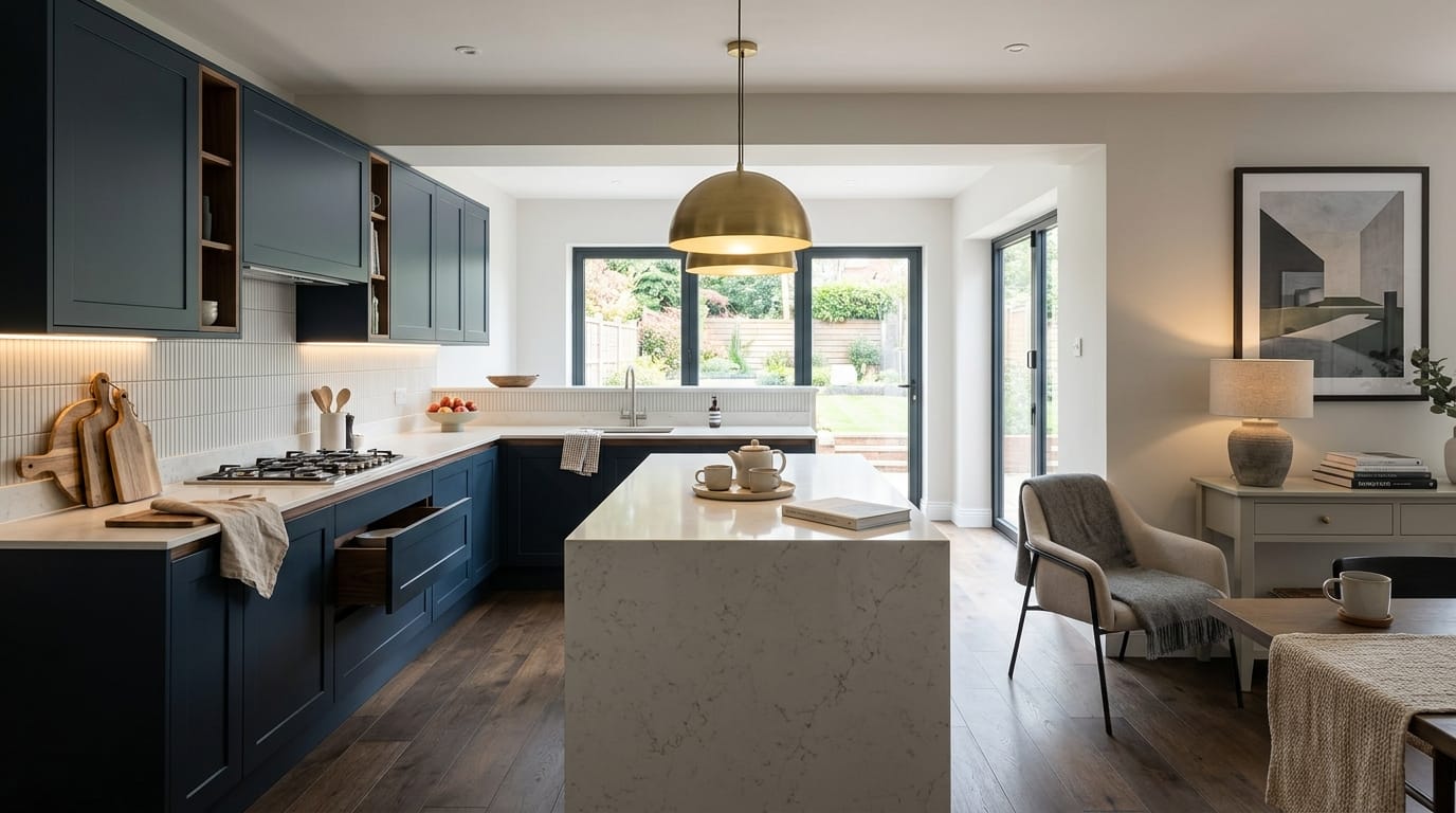 Mastercraft bespoke kitchen in Stockport, wide architectural view showing room volume and design quality