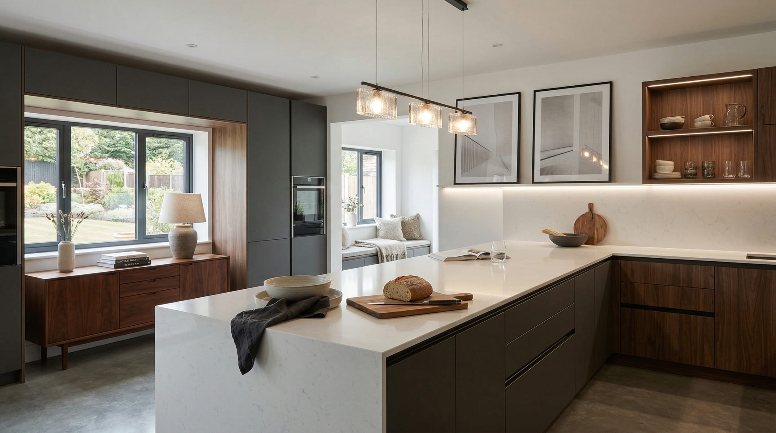 Mastercraft bespoke kitchen in Burntwood, wide architectural view showing room volume and design quality