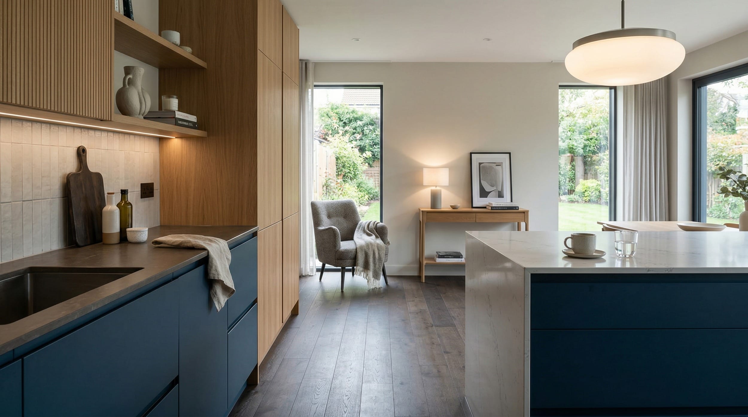 Mastercraft bespoke kitchen in Chase Terrace, wide architectural view showing room volume and design quality
