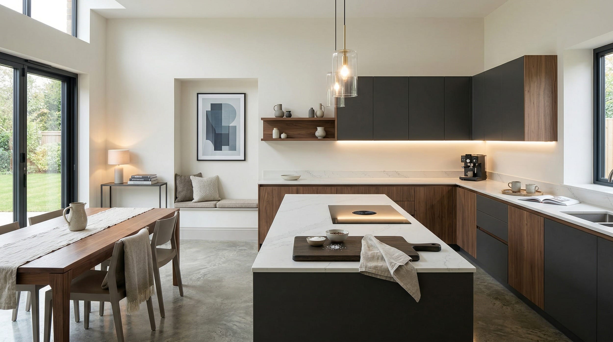 Mastercraft bespoke kitchen in Littleworth, wide architectural view showing room volume and design quality