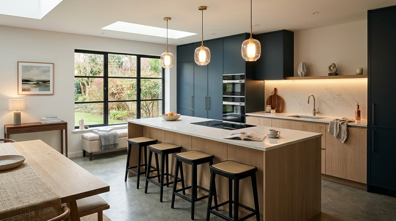 hero2_1200x675-12 Mastercraft bespoke kitchen in Welwyn Garden City, wide architectural view showing room volume and design quality