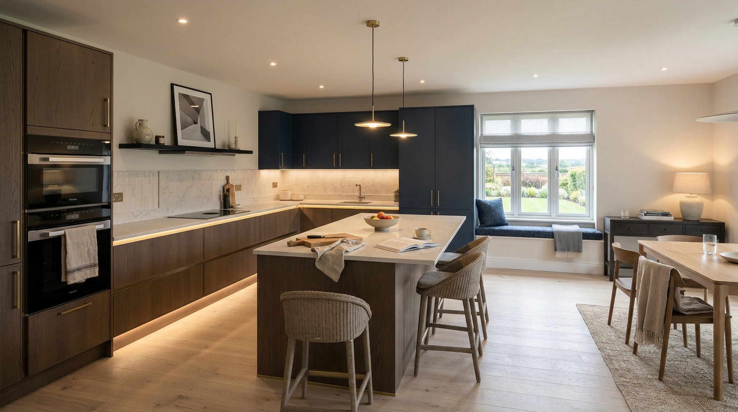 Mastercraft bespoke kitchen in Tamworth, wide architectural view showing room volume and design quality