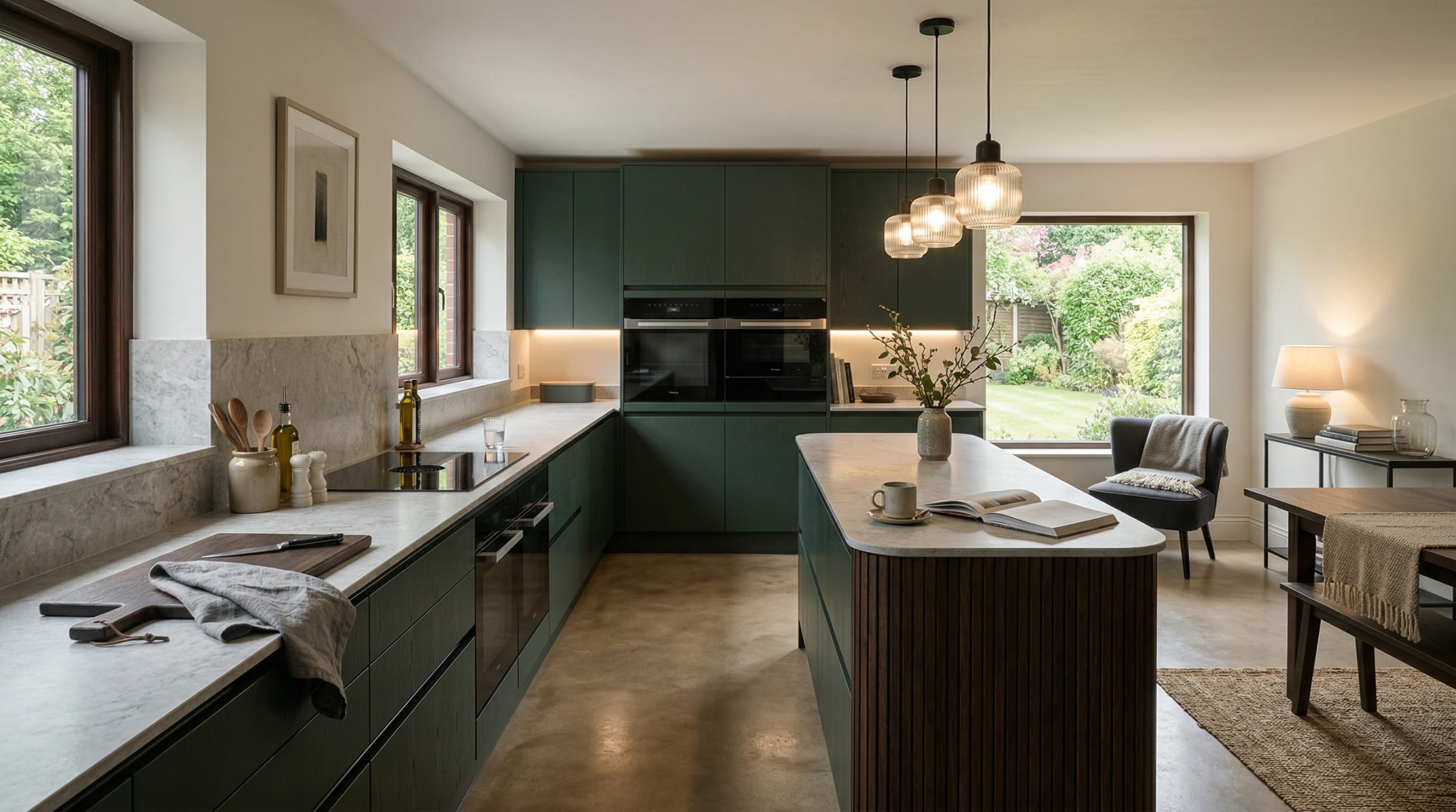 Mastercraft bespoke kitchen in Alfreton, wide architectural view showing room volume and design quality
