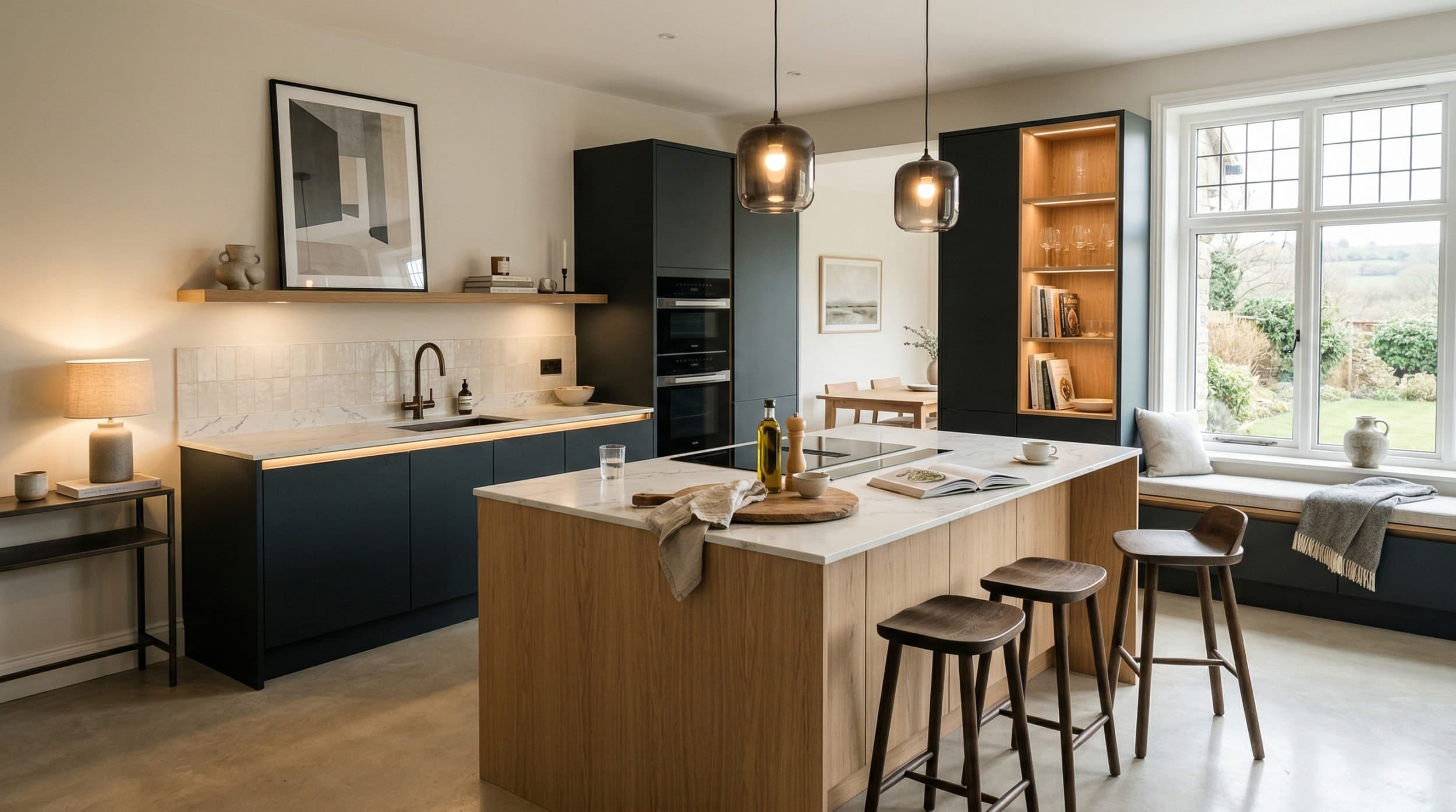 Mastercraft bespoke kitchen in Belper, wide architectural view showing room volume and design quality