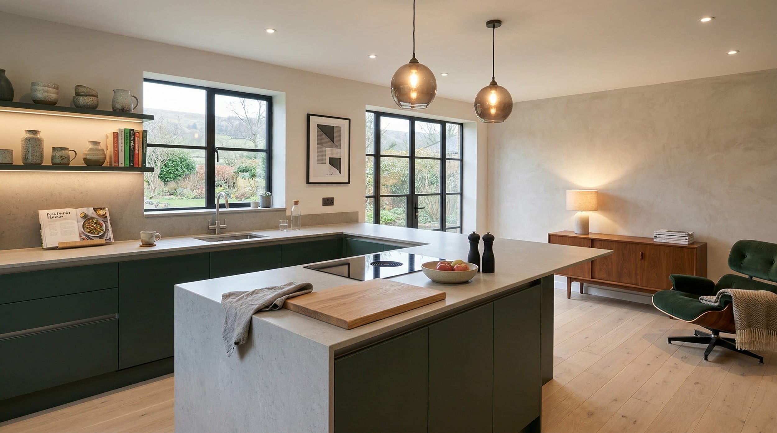 Mastercraft bespoke kitchen in Buxton, wide architectural view showing room volume and design quality